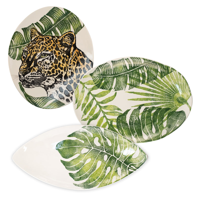 Vietri Into the Jungle platter with leopard face and green tropical leaves