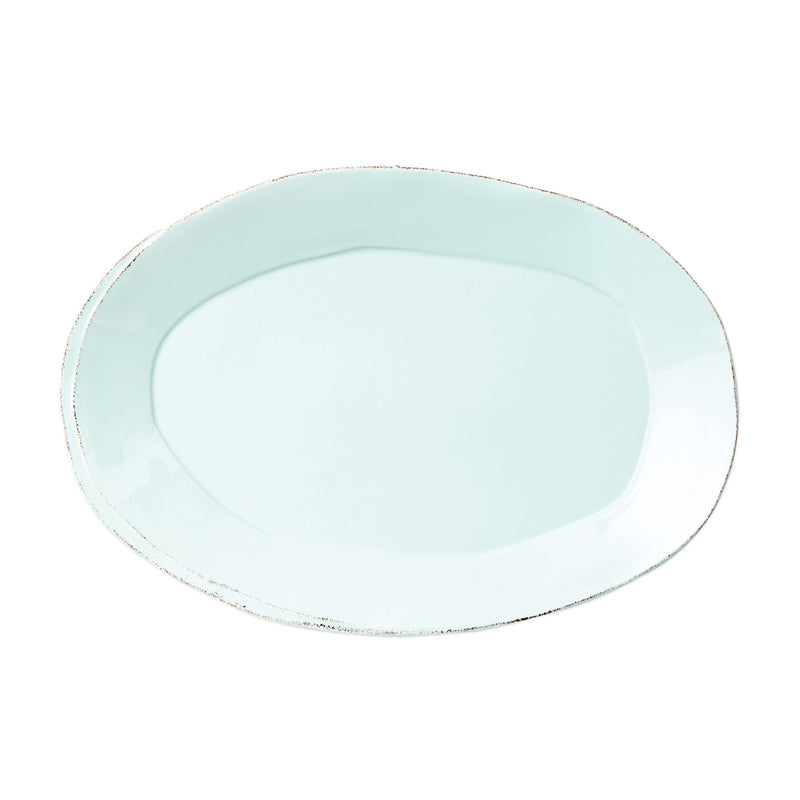 Vietri Lastra Aqua oval ceramic platter with raised rim, light blue glaze