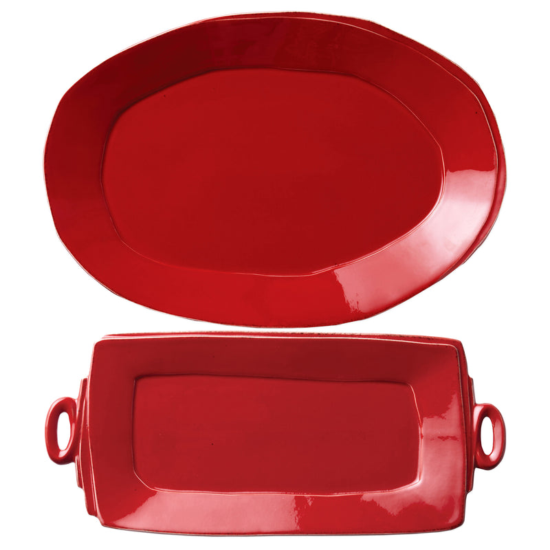 Red handled rectangular ceramic platter with side loop handles