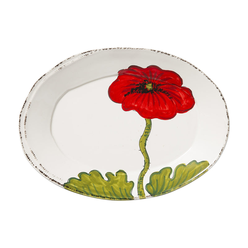 Vietri Lastra poppy small oval platter, white with red flower and green leaves