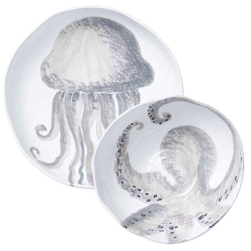 Sea life serving bowl with white base and blue-gray jellyfish and octopus design