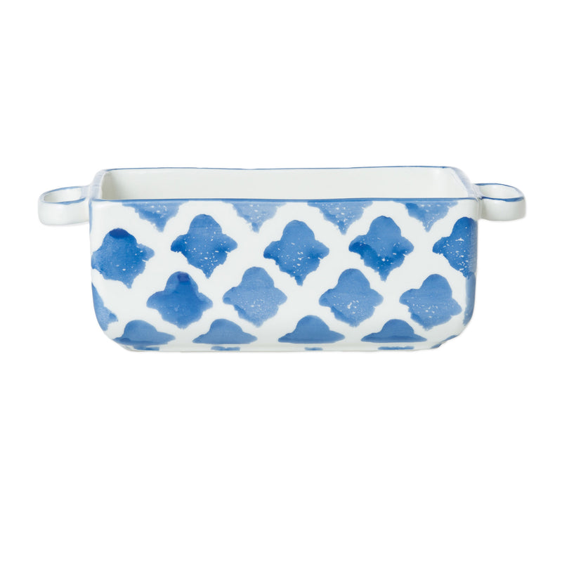 Small rectangular ceramic baker with blue and white geometric pattern and side handles