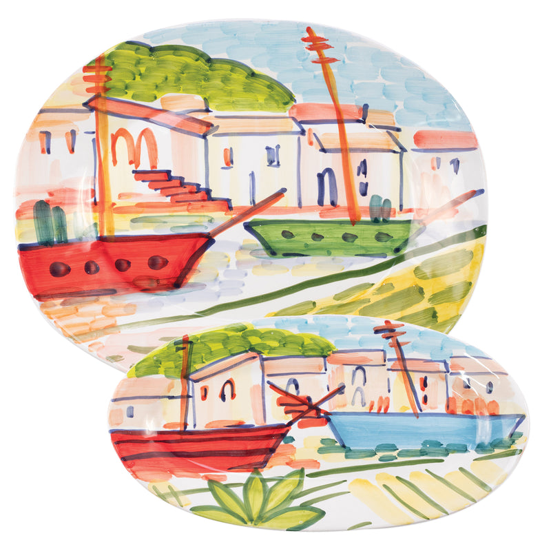Vietri Portofino oval ceramic platter with colorful seaside village and sailboats illustration