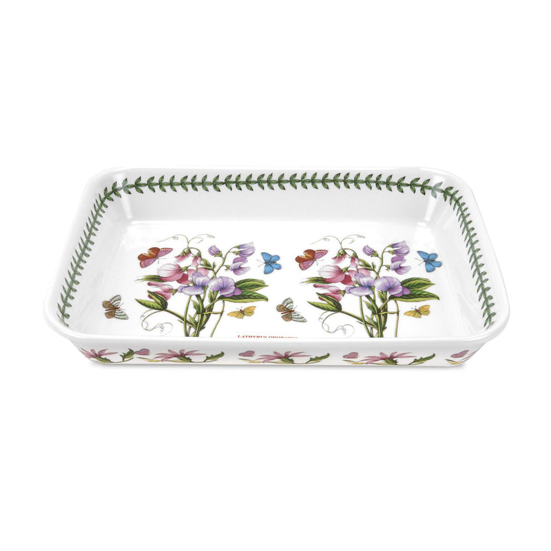 Portmeirion Botanic Garden sweet pea lasagne dish on white with floral butterfly pattern