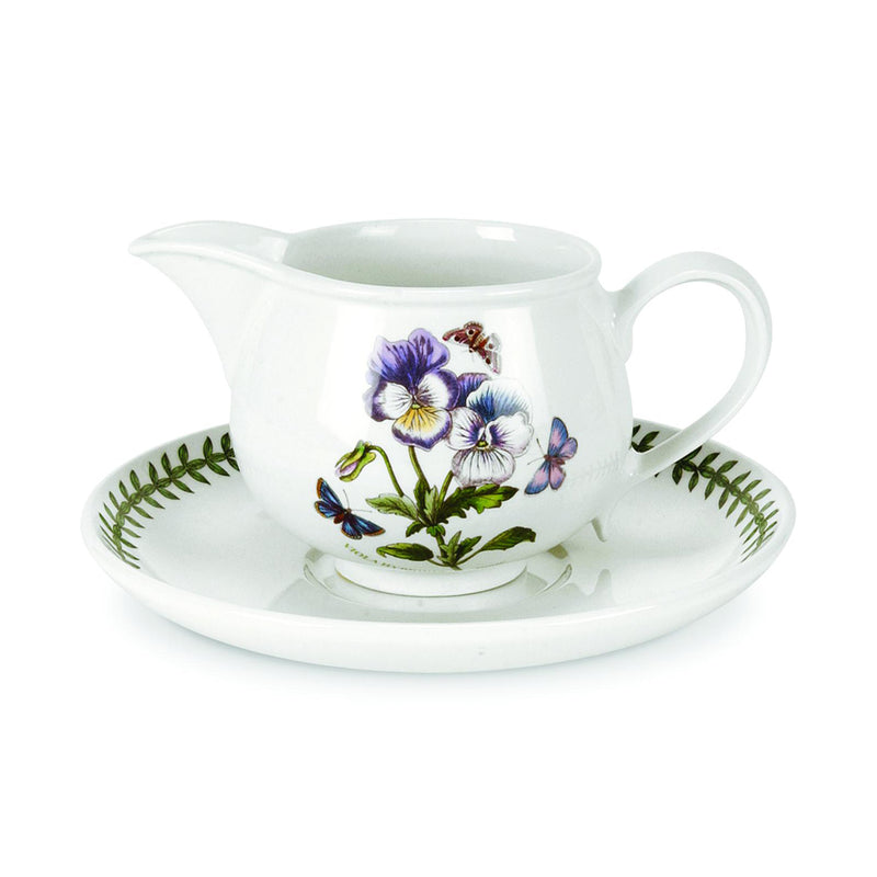 Portmeirion Botanic Garden pansy gravy boat and matching stand, white ceramic with floral print