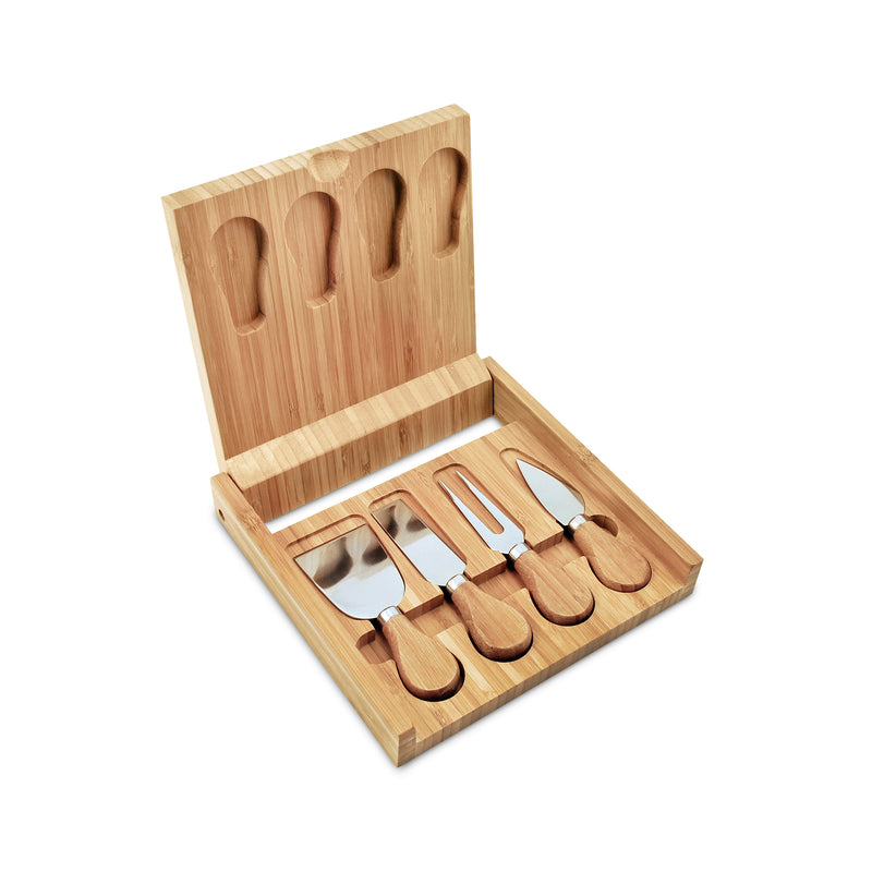 Bamboo cheese board with 4-piece stainless steel tools and wooden handles, open case