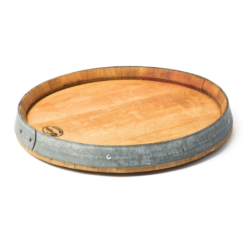 Oak barrel lazy susan serving tray with light wood top and gray distressed rim