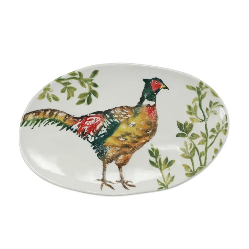 Vietri Fauna pheasants small oval platter with colorful bird and green leaf details