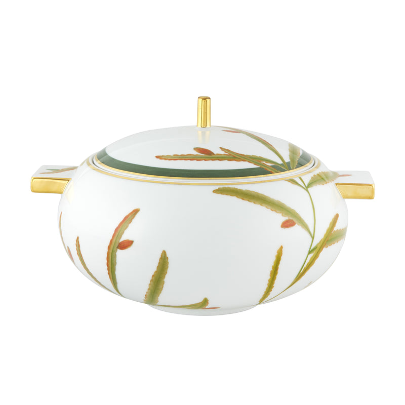 Vista Alegre Amazonia lidded tureen, white with green leaf motif and gold handles