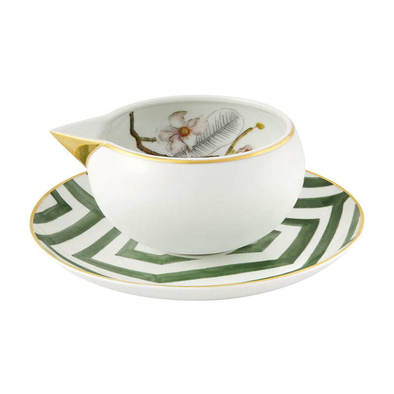 Ceramic sauce boat with matching underplate, white with green geometric border and bird motif