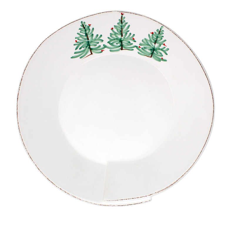 White shallow serving bowl with green pine tree motif and thin gold rim, Vietri Lastra Holiday