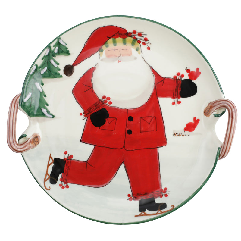 Vietri Old St. Nick handled round platter with red-suited Santa illustration