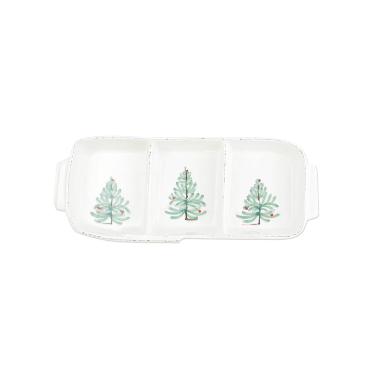 Vietri Lastra Holiday small three-section ceramic server with holiday tree design