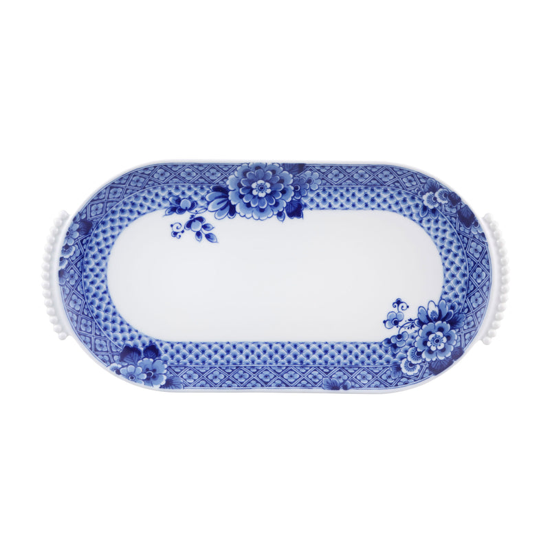 Small oval porcelain platter with blue floral border and center, Vista Alegre Blue Ming
