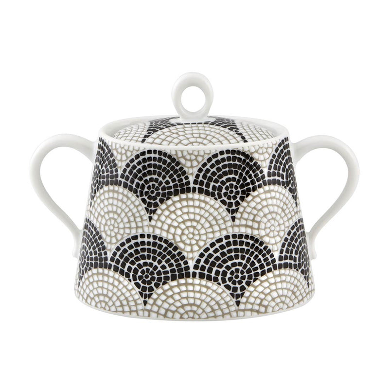Vista Alegre ceramic sugar box with lid, black and cream mosaic tile pattern