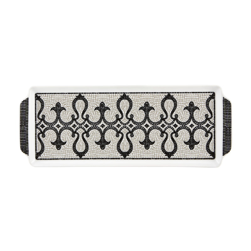 Rectangular ceramic tart tray with black-and-cream ornate Portuguese-style pattern
