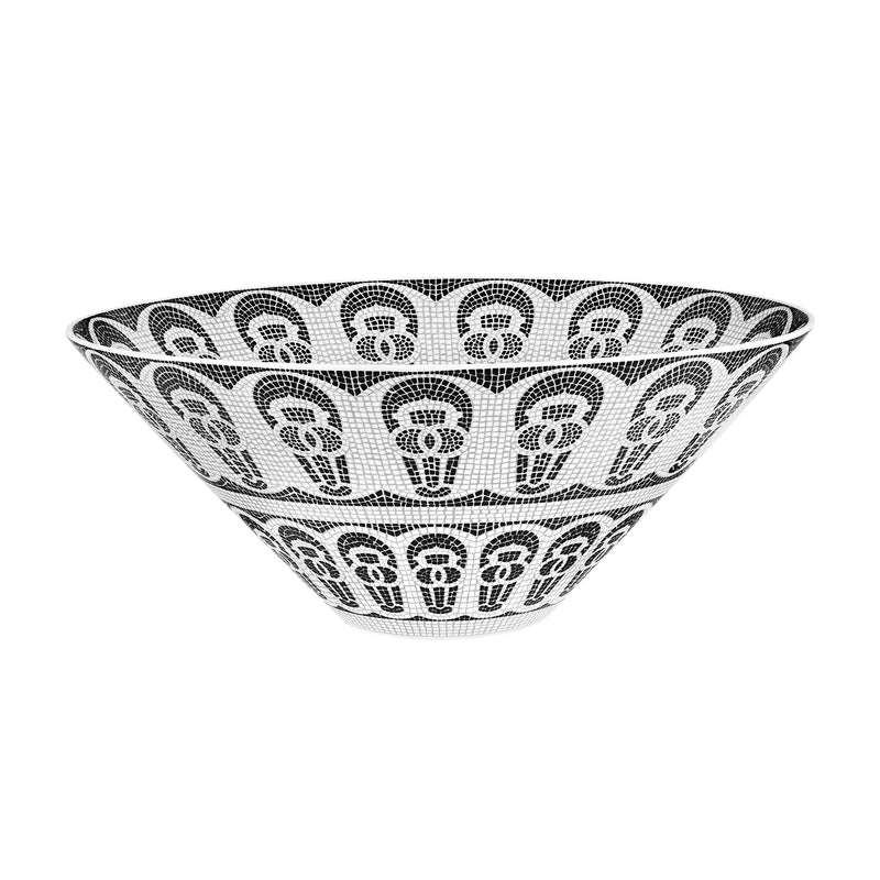 Decorative ceramic salad bowl with black and white patterned design, wide rim