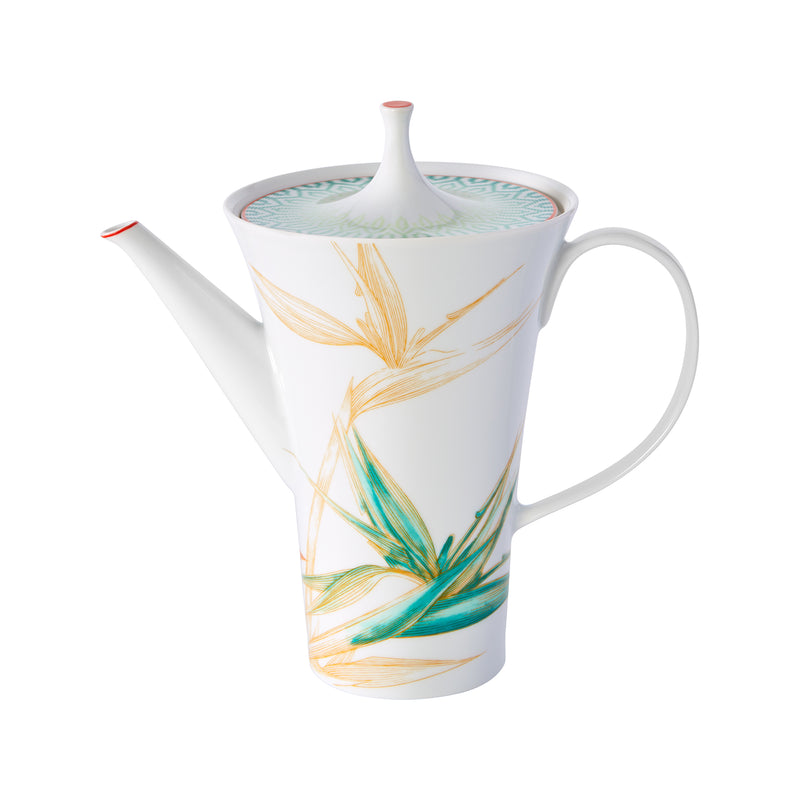 Vista Alegre Fiji coffee pot, white with blue and gold leaf pattern and curved handle