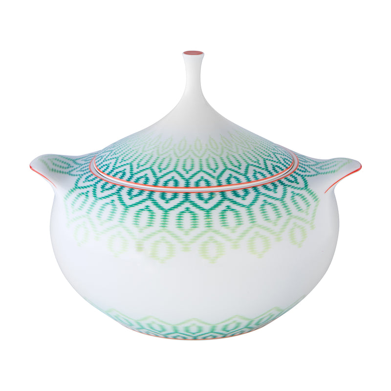 White porcelain tureen with lid, teal geometric pattern and rim trim