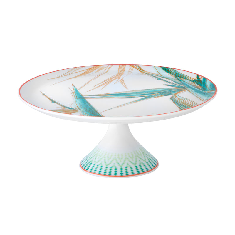 Vista Alegre Fiji footed cake stand with white base and teal leaf pattern rim