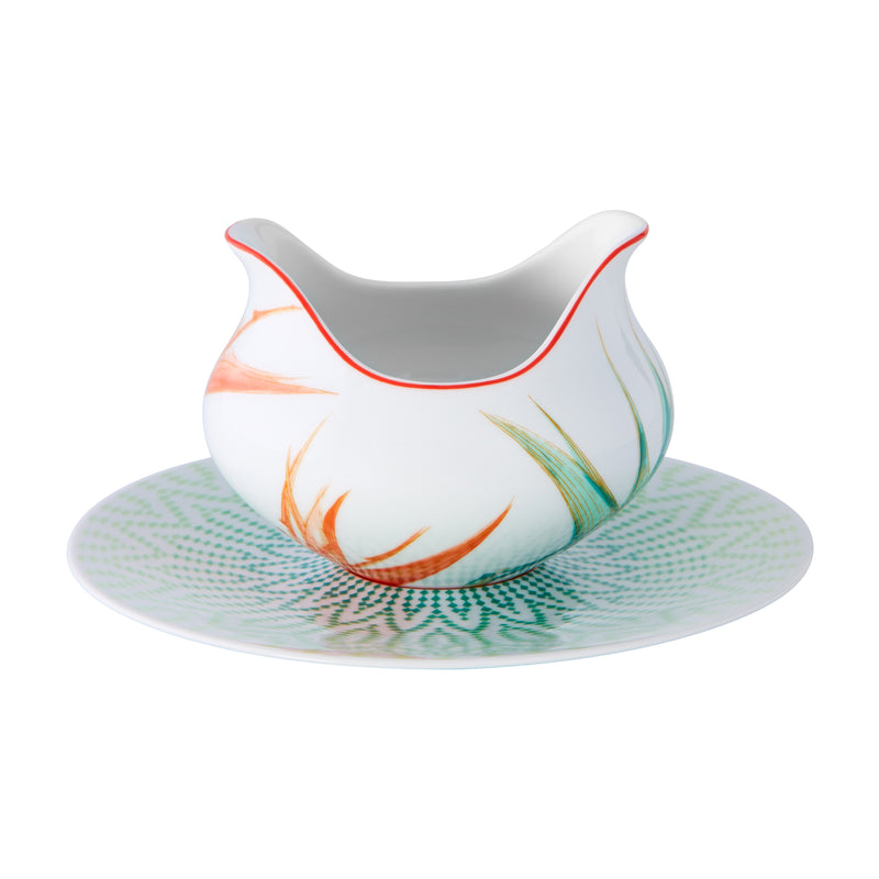 Porcelain sauce boat with stand, white with colorful leaf-and-line Fiji style design