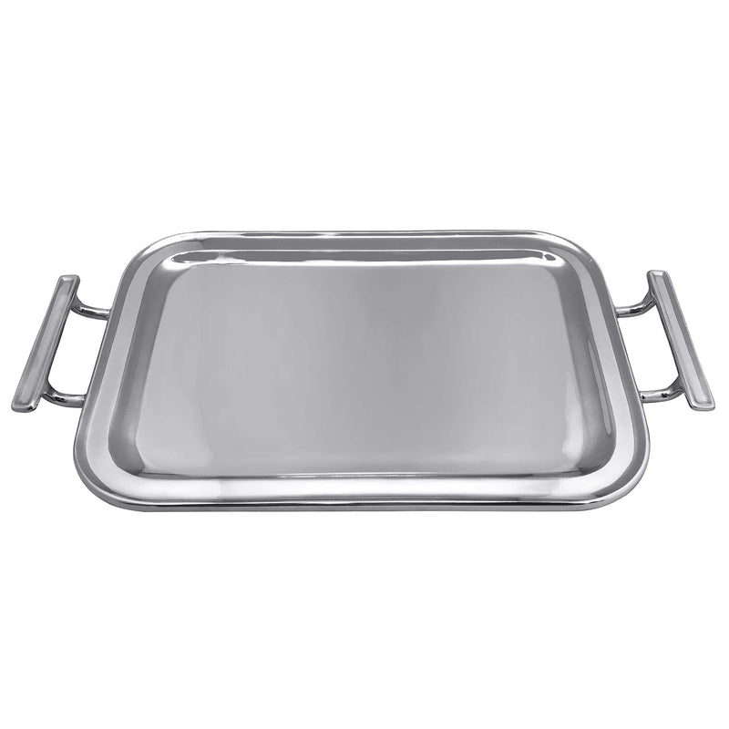 Mariposa Signature service tray, polished silver rectangular metal with two side handles.