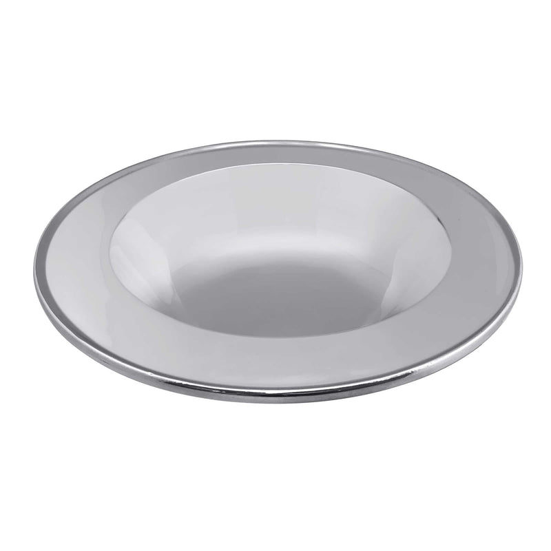 Silver metal serving bowl with wide rim and reflective interior