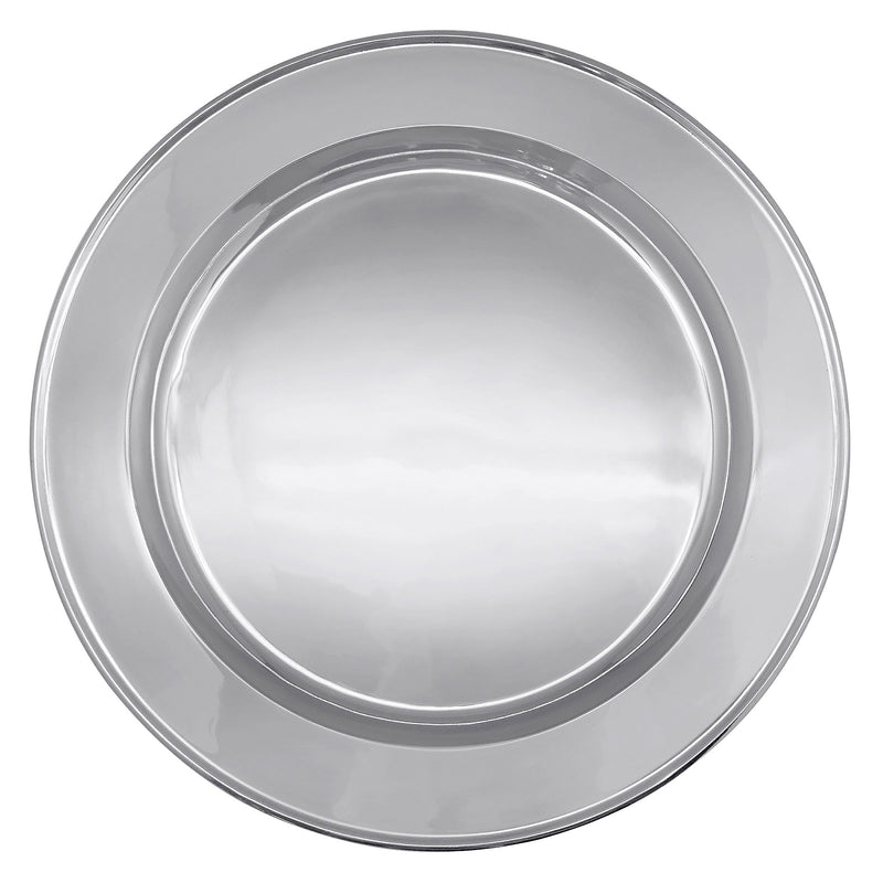 Silver round serving platter with raised rim, reflective finish