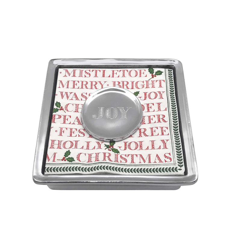 Christmas napkin box with hinged metal lid, round knob marked JOY, festive Merry text