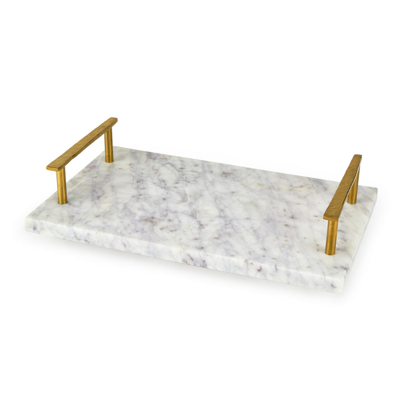 Marble cheese board with gold-toned handles, rectangular slab