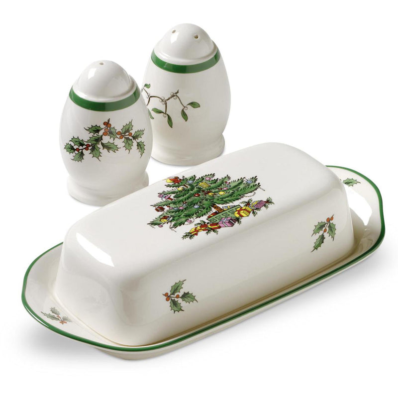 Spode Christmas Tree 3-pc. hostess set with green trim and holly bird decor