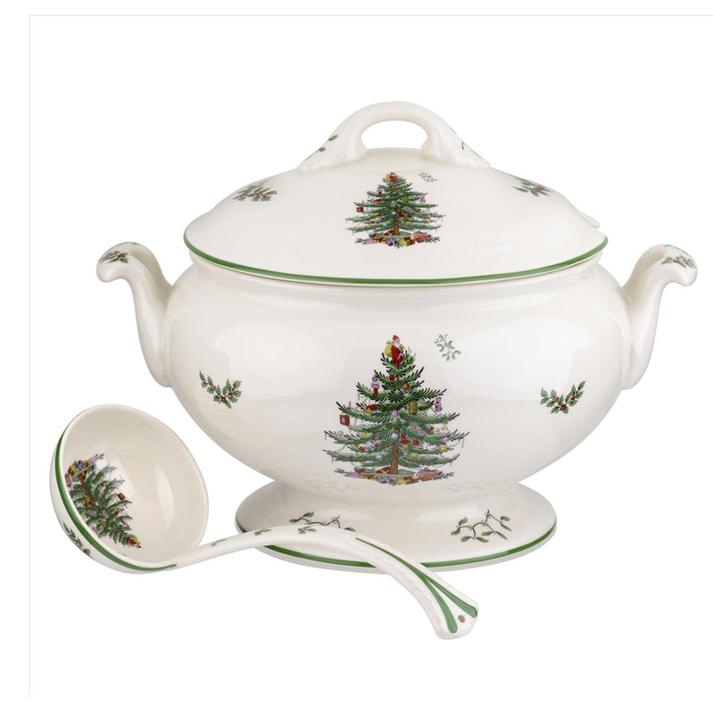 Spode Christmas Tree 75th anniversary footed tureen with lid and ladle, white with green trim