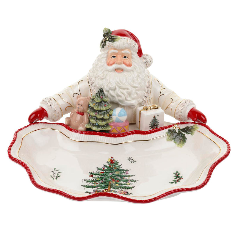 Spode Christmas Tree Gold figural Santa serving dish with red trim and small tree figures