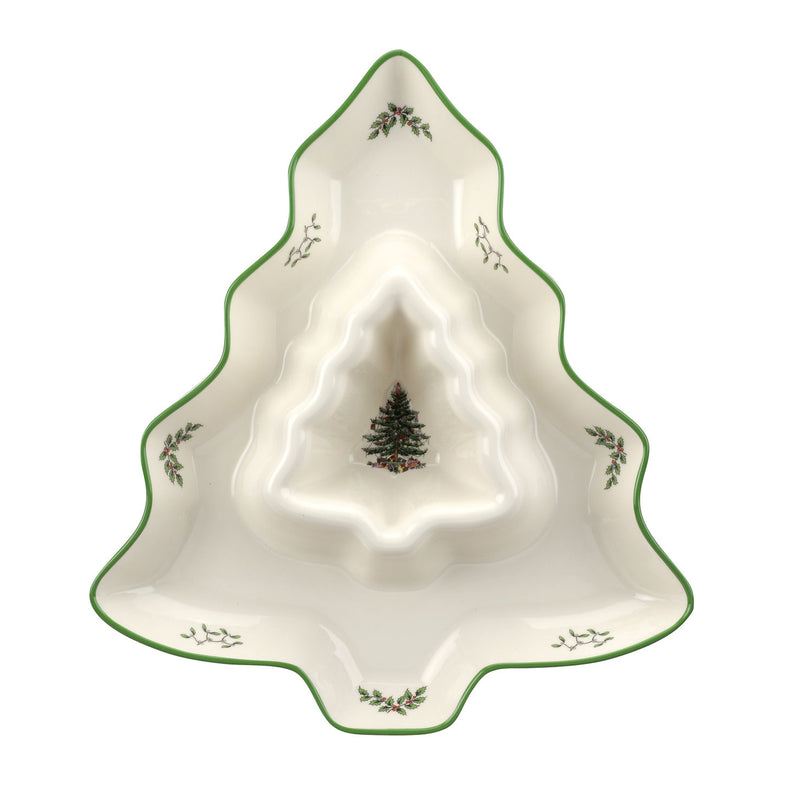 Spode Christmas Tree tree-shaped chip and dip platter, white with green trim