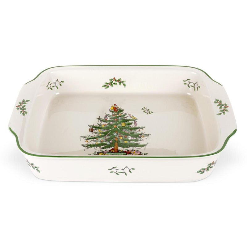 Spode Christmas Tree rectangular handled dish, white with green trim and Christmas tree design