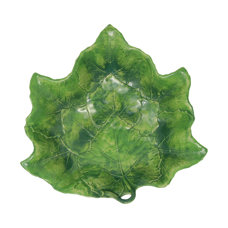 Vietri Foglia green serving bowl, leaf-shaped with veined white glaze