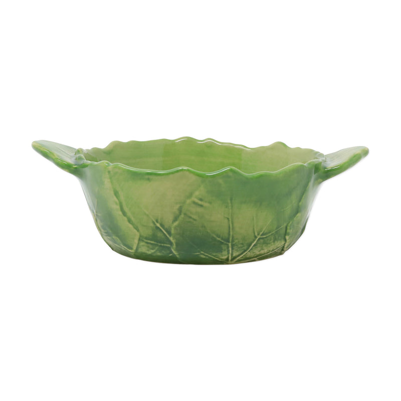 Small green ceramic baker dish with leaf relief and side handles