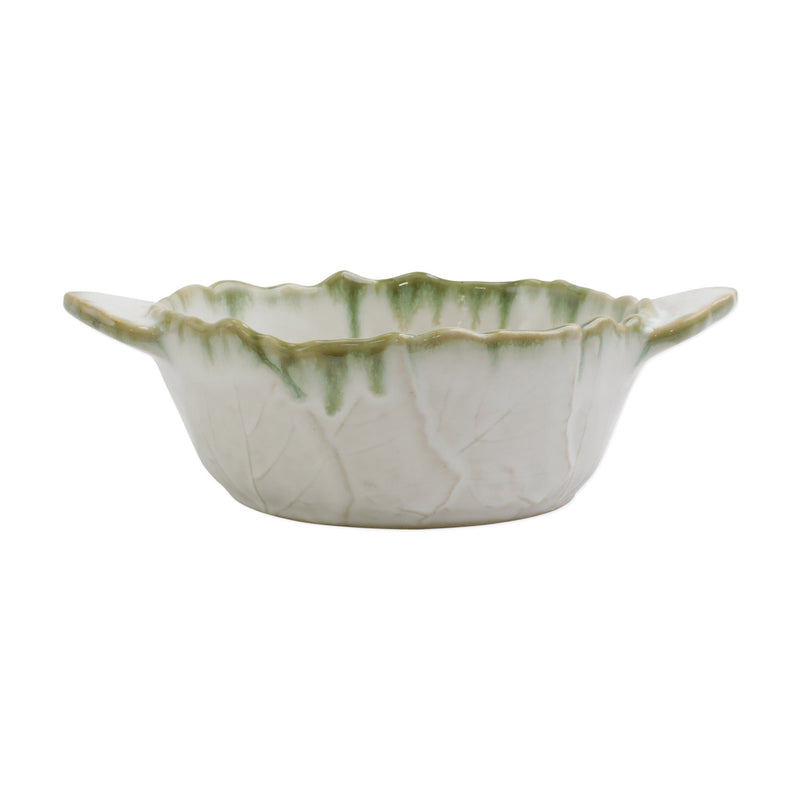 Small ceramic baker bowl with green leaf glaze and two side handles