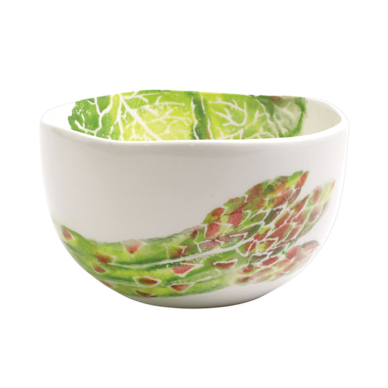 Vietri spring vegetables ceramic serving bowl, white with green leaf and red vegetable pattern