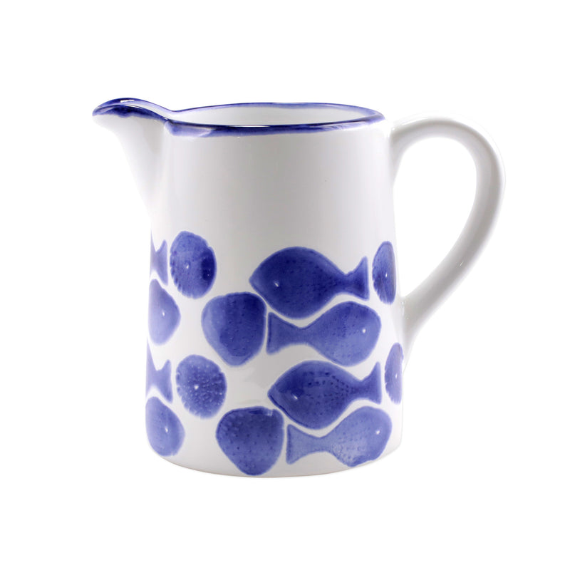 Vietri Santorini ceramic fish pitcher, white with blue fish motifs and curved spout
