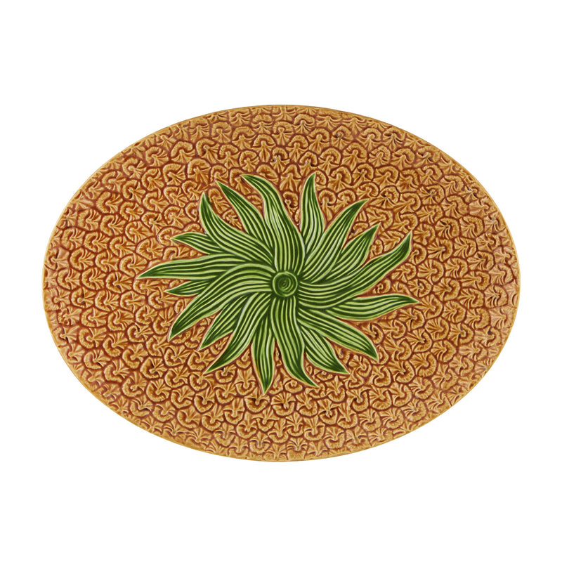 Bordallo Pinheiro oval pineapple serving tray, textured golden brown with green pineapple center