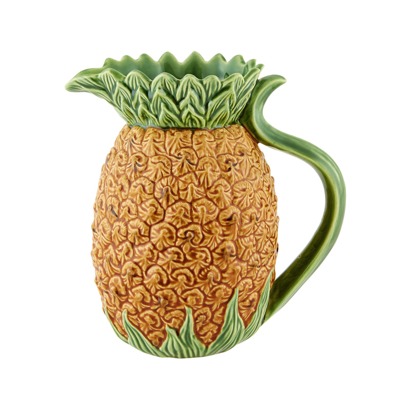 Bordallo Pinheiro pineapple ceramic pitcher, orange body with green leaf rim and handle