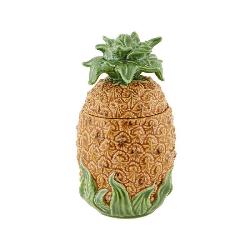 Bordallo Pinheiro pineapple-shaped ceramic sauceboat with green leaf lid