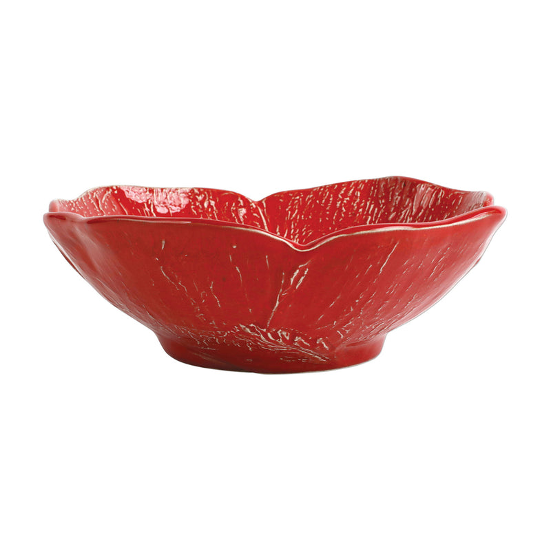 Figural serving bowl with red textured petal rim and glossy interior