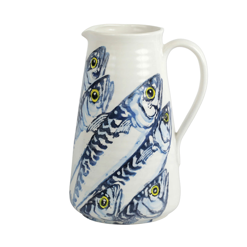 Vietri Maccarello ceramic pitcher with blue fish pattern and curved handle