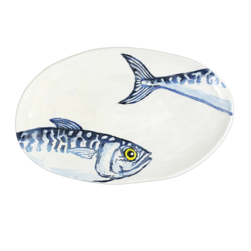 Vietri Macarello small oval platter with blue fish motif on white ceramic