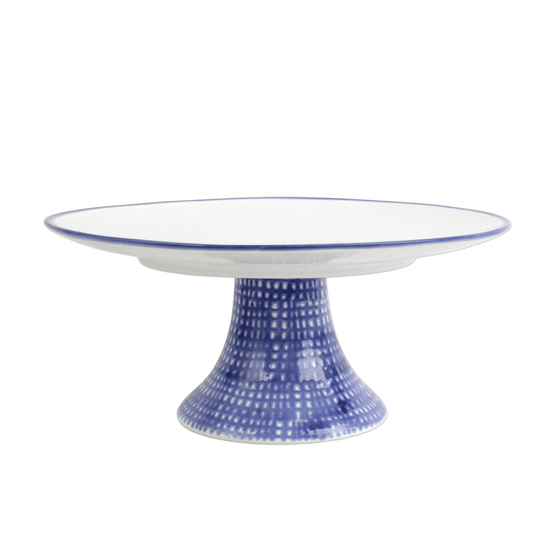 Vietri Santorini geo cake stand with white top and blue textured pedestal