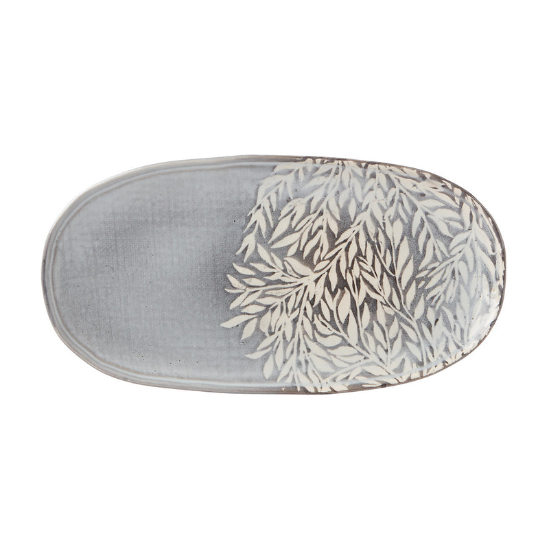 Lenox textured oval platter with gray background and pale leaf pattern, neutral finish