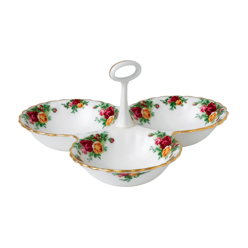 Royal Albert Old Country Roses divided tray, three-section white porcelain with gold rim and roses