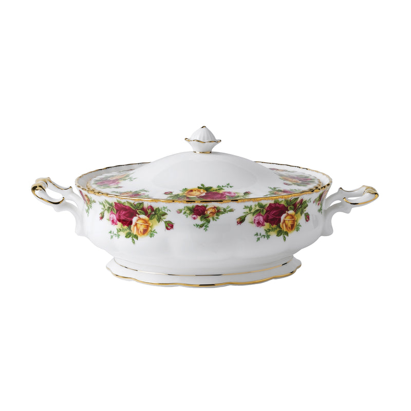 Covered vegetable bowl with floral Old Country Roses design and gold rim handles